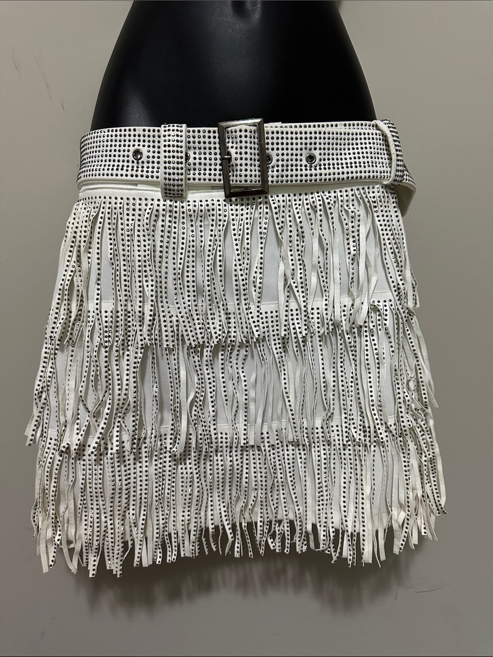 Nylon White Fringed Mini Skirt with Studded Belt size S